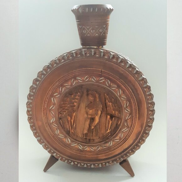 VTG Hand Carved Wooden Flask Canteen Bottle Decanter Rare - Picture 3 of 11